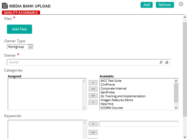 The Media Bank Upload page with Add Files, Owner Type, Owner, Categories and Keywords fields