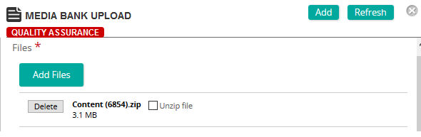 The Media Bank Upload page with an Add Files button and one uploaded zip file with Delete and Unzip file options