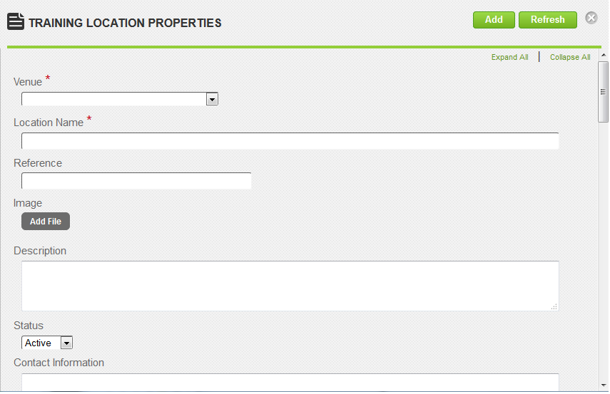 The Training Location Properties page with Venue, Location Name, Reference, Image and Status fields