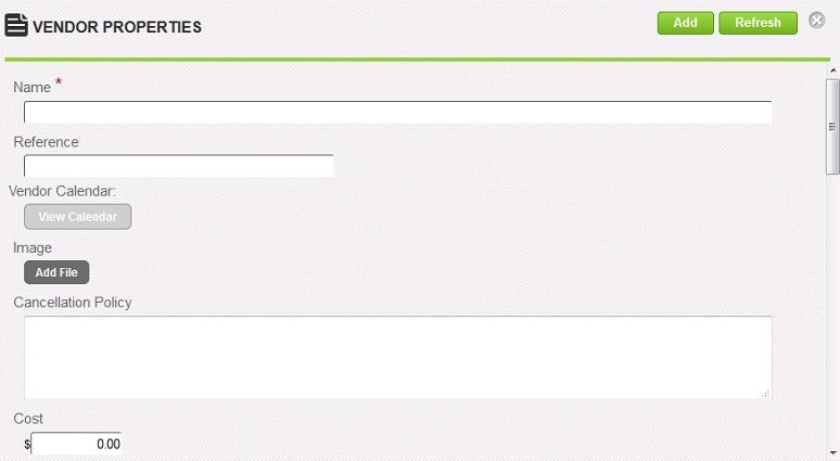 The Vendor Properties page with Name, Reference, Vendor Calendar, Image, Cancellation Policy and Cost fields