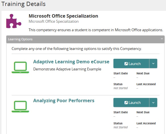 The Training Details page for a competency with a Learning Options list of two eCourses, each with a Launch button