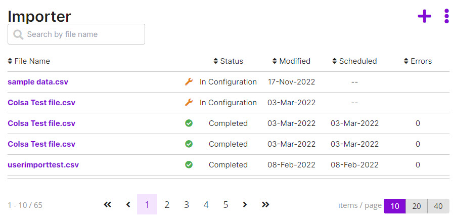 The Importer page listing imported files with status, modified and scheduled dates, and a search box
