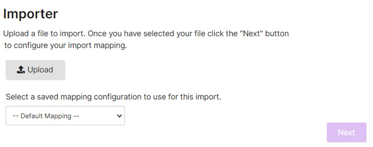 The Importer page with an Upload button, a saved mapping list set to Default Mapping and a Next button