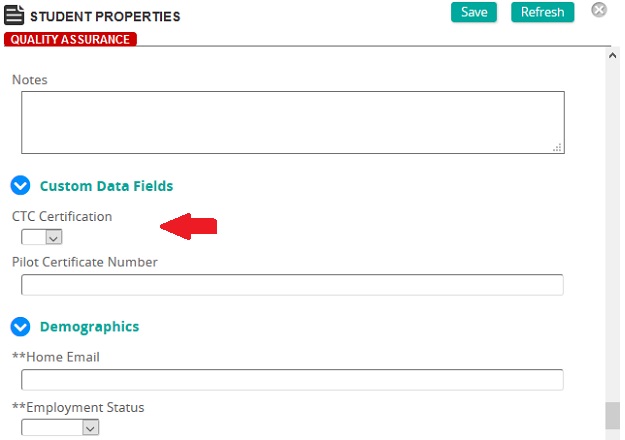 The Student Properties page with a red arrow pointing to the CTC Certification field under Custom Data Fields