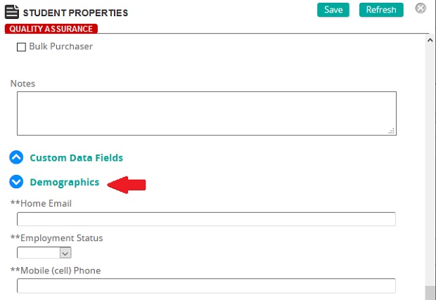 The Student Properties page with a red arrow pointing to the Demographics section heading