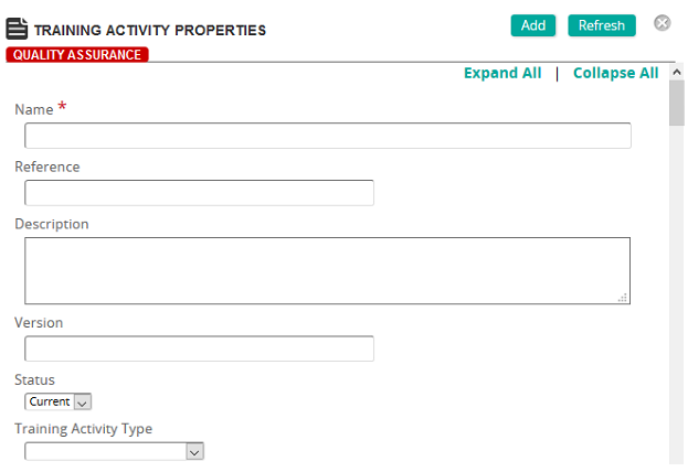 The Training Activity Properties page with Name, Reference, Description, Version, Status and Type fields