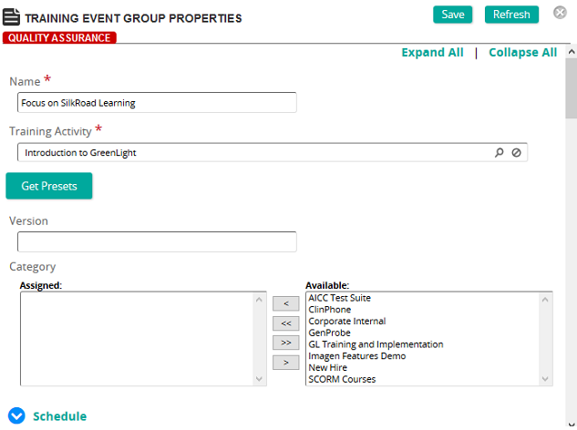 The Training Event Group Properties page with Name, Training Activity, Version and Category fields