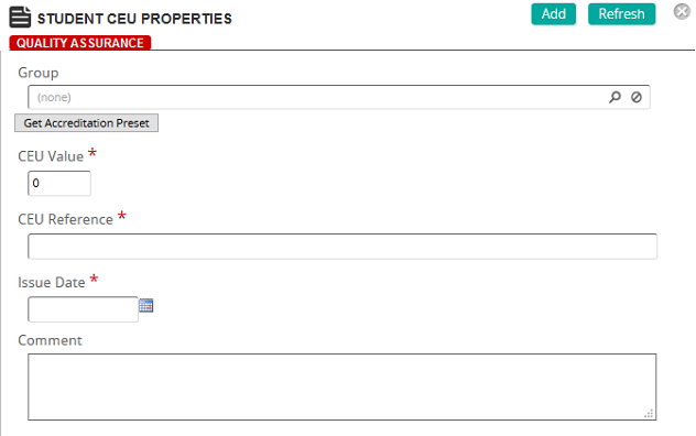The Student CEU Properties page with Group, CEU Value, CEU Reference, Issue Date and Comment fields