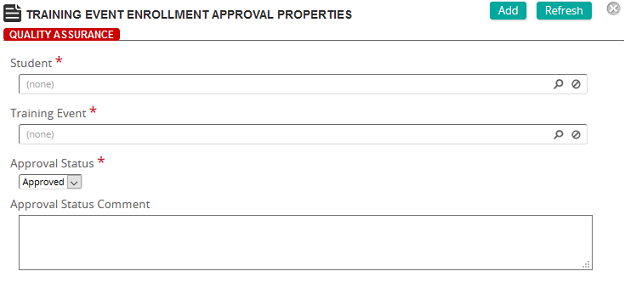 The Training Event Enrollment Approval Properties page with Student, Training Event, Approval Status and comment fields