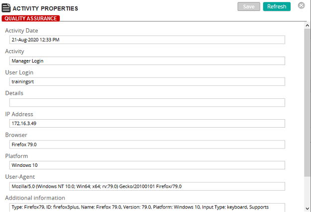 The Activity Properties page showing activity date, activity, user login, IP address, browser and platform fields