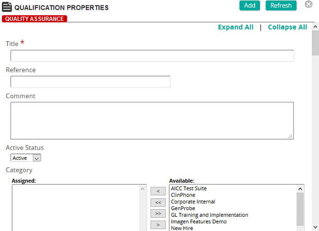 The Qualification Properties page with Title, Reference, Comment, Active Status and Category fields
