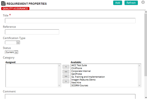 The Requirement Properties page with Title, Reference, Certification Type, Status and Category fields