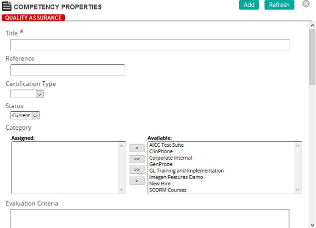The Competency Properties page with Title, Reference, Certification Type, Status and Category fields