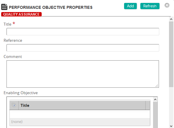 The Performance Objective Properties page with Title, Reference, Comment and Enabling Objective fields