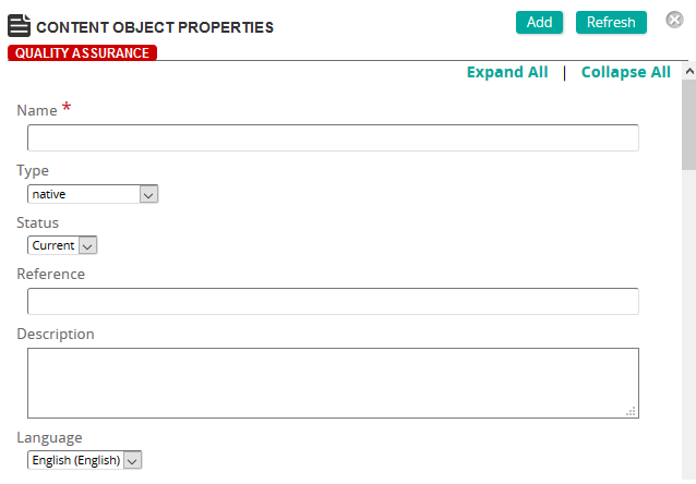 The Content Object Properties page with Name, Type, Status, Reference, Description and Language fields
