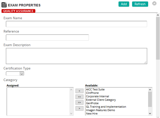The Exam Properties page with Exam Name, Reference, Exam Description, Certification Type and Category fields