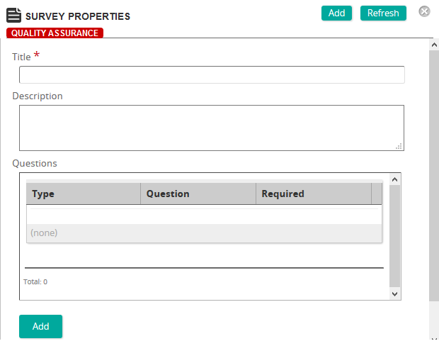 The Survey Properties page with Title, Description and a Questions list with an Add button