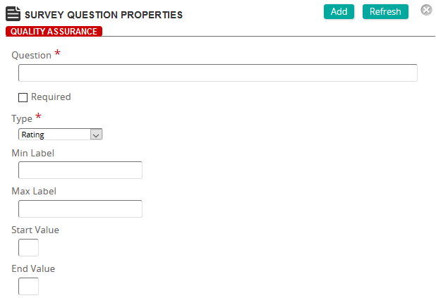 The Survey Question Properties page with Type set to Rating and Min Label, Max Label, Start Value and End Value fields