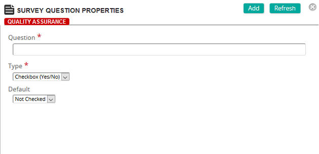 The Survey Question Properties page with Question, Type set to Checkbox (Yes/No), and Default fields