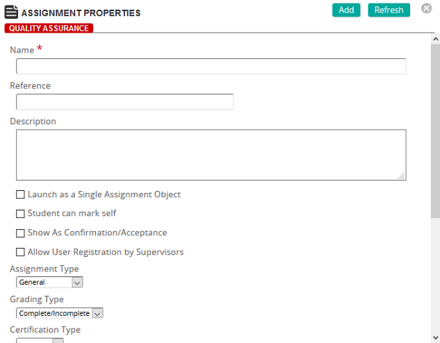 The Assignment Properties page with Name, Reference and Description fields and assignment and grading type lists