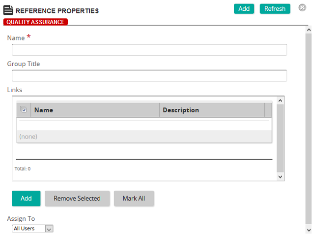The Reference Properties page with Name, Group Title, a Links list and an Assign To field