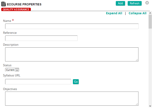 The eCourse Properties page with empty Name, Reference, Description and Syllabus URL fields