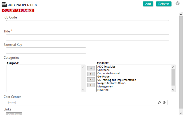 The Job Properties page with Job Code, Title, External Key, Categories and Cost Center fields