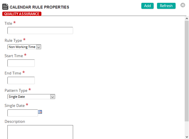 The Calendar Rule Properties page with Title, Rule Type, Start Time, End Time and Pattern Type fields