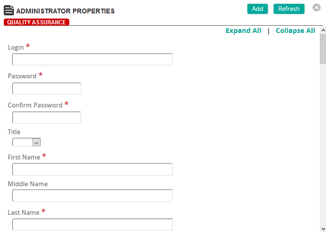 The Administrator Properties page with Login, Password, First Name and other fields and Add and Refresh buttons
