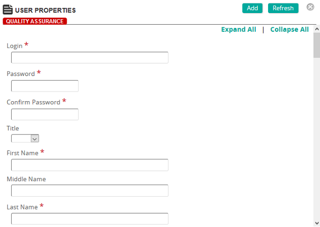The User Properties page with Login, Password, Confirm Password, Title and name fields
