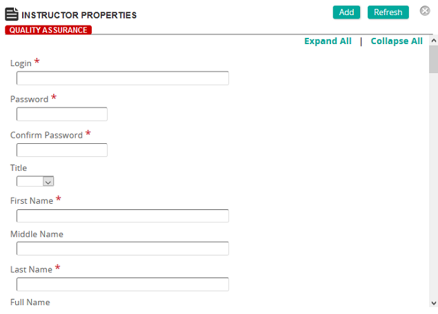 The Instructor Properties page with Login, Password, Confirm Password, Title and name fields