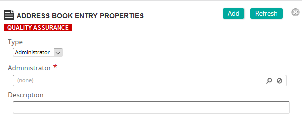 The Address Book Entry Properties page with Type, Administrator and Description fields and Add and Refresh buttons