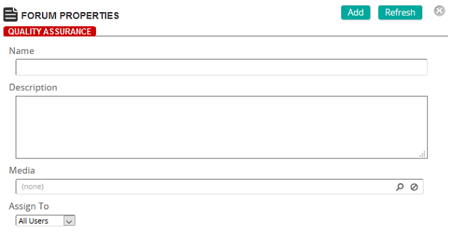 The Forum Properties page with Name, Description, Media and Assign To fields