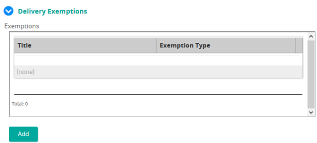 The Delivery Exemptions section with an empty Exemptions list and an Add button