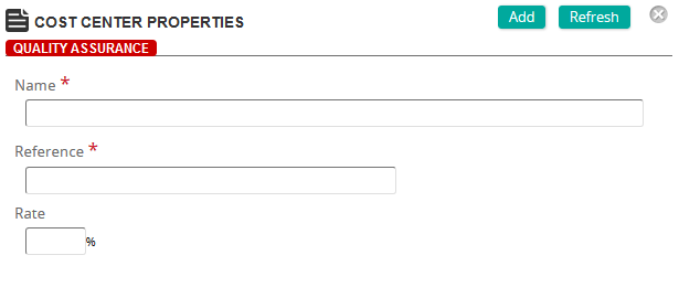 The Cost Center Properties page with Name, Reference and Rate fields