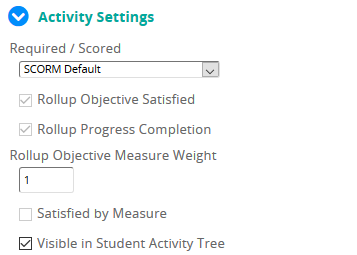 The Activity Settings section with SCORM Default selected in the Required / Scored list