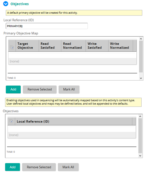 The Objectives section with a Primary Objective Map table and an Objectives table, each with Add buttons