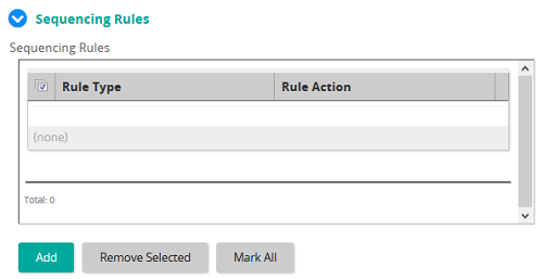 The Sequencing Rules section with an empty rules table and Add, Remove Selected and Mark All buttons