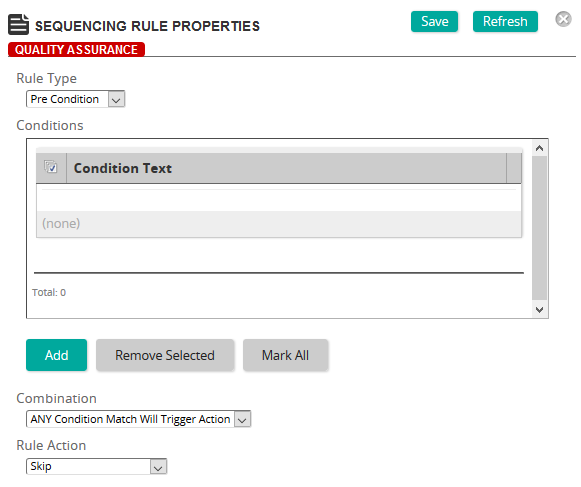 The Sequencing Rule Properties page with Rule Type, Conditions list, Combination and Rule Action fields