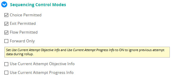 The Sequencing Control Modes section with checkboxes for Choice Permitted, Exit Permitted and Flow Permitted
