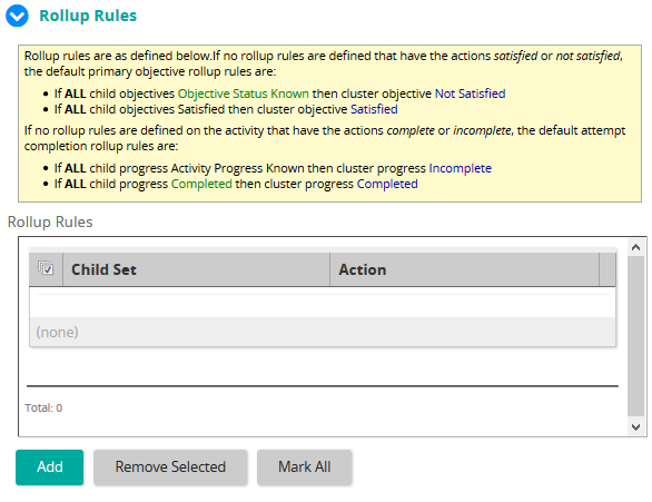 The Rollup Rules section with an explanation box, an empty rules table and Add, Remove Selected and Mark All buttons