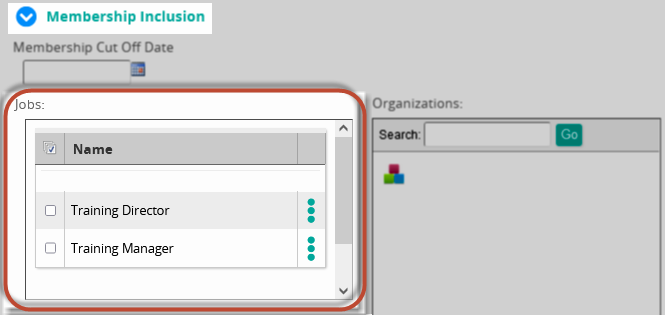 The Membership Inclusion section with the Jobs list highlighted beside the Organizations tree