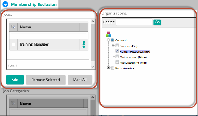 The Membership Exclusion section with the Jobs list and the Organizations tree highlighted
