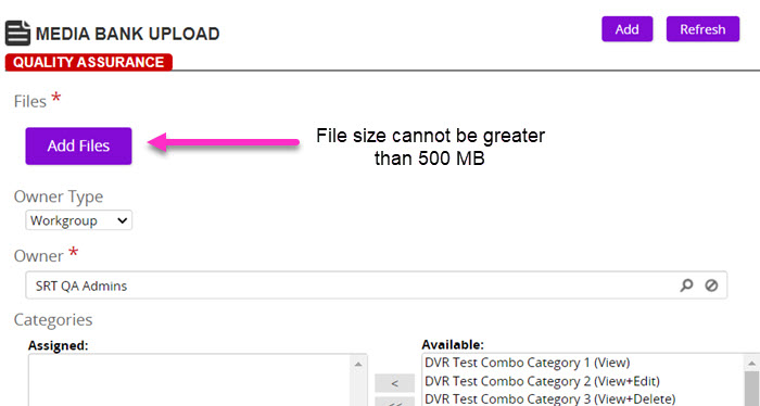 The Media Bank Upload page with an arrow pointing to the Add Files button and a 500 MB file size note