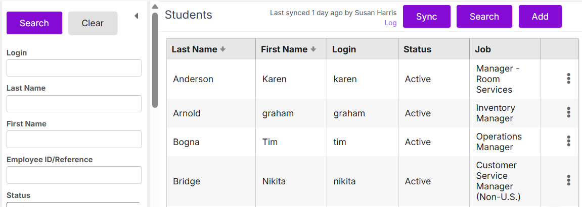 The Students page listing students by name, login, status and job, with Sync, Search and Add buttons