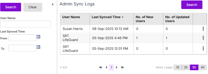 The Admin Sync Logs page with search filters on the left and a table of sync times and user counts