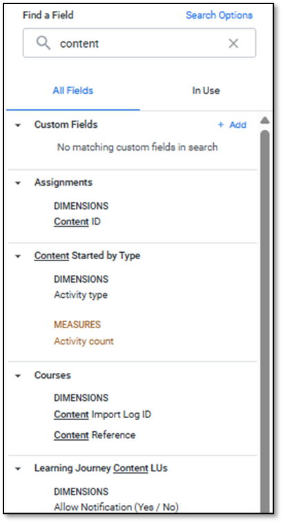 The Find a Field panel searched for content, listing matching fields under Assignments, Courses and other groups