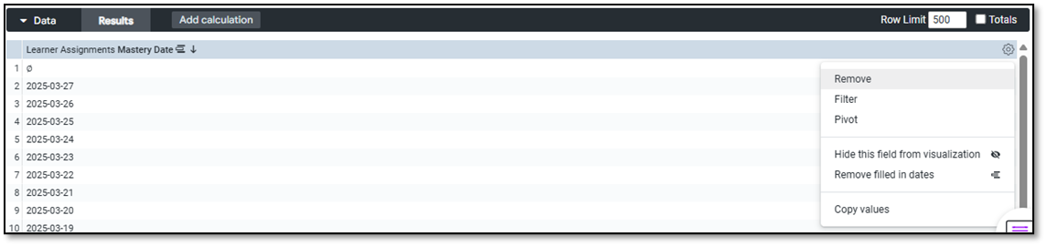 The Results table with a column menu open showing Remove, Filter, Pivot and other options