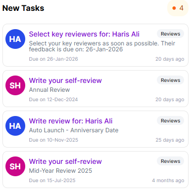The New Tasks panel on the dashboard listing four review tasks, each with a Reviews tag and a due date