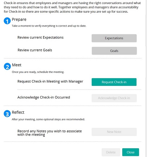 The Check-in wizard with Prepare, Meet and Reflect steps and buttons including Expectations, Goals and Request Check-in